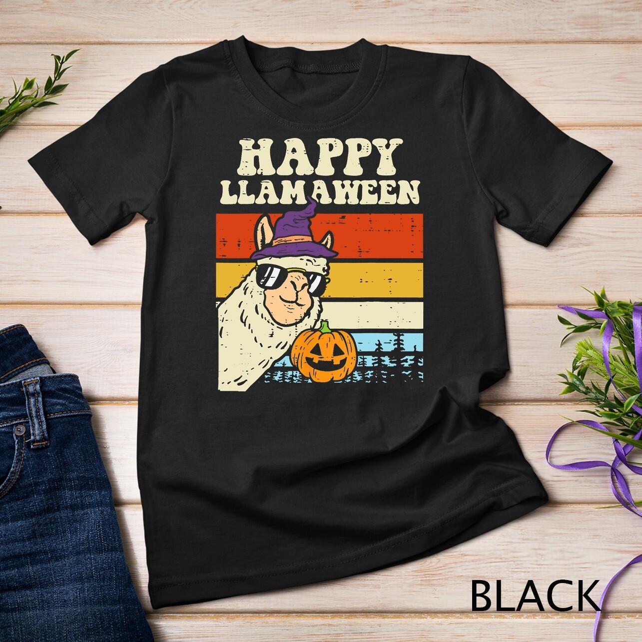 Happy Llamaween Llama Witch Retro Halloween Alpaca Animal Unisex T-Shirt Mens Womens Tees Top 2XL