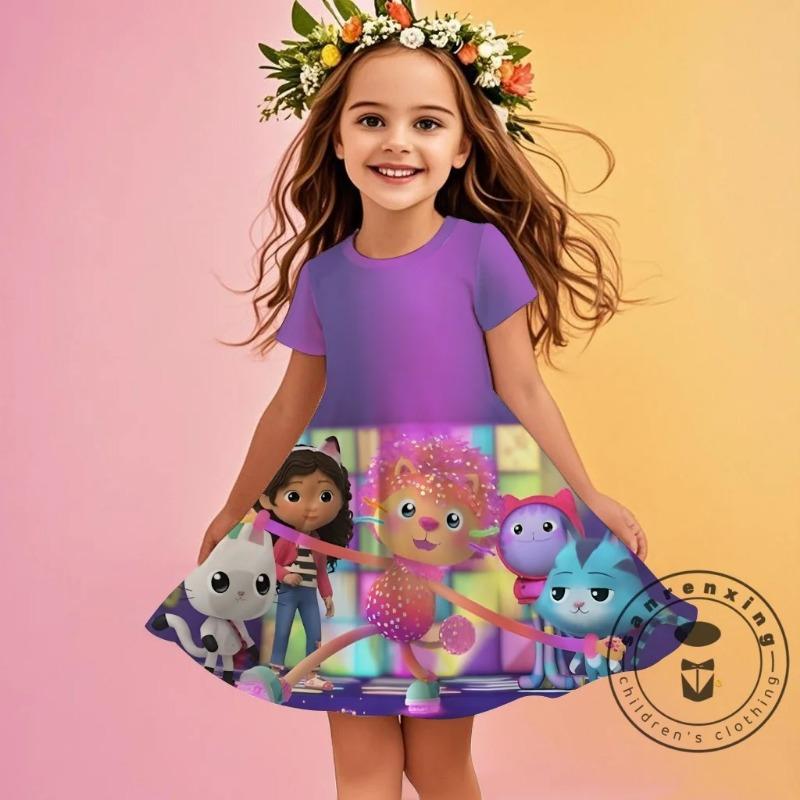 Rochie drăguță cu mânecă scurtă, cu model de desene animate la modă imprimat 3D, Cosplay, Haine pentru fete tinere, Casa de păpuși a lui Gabby, Haine de mare, Dulce