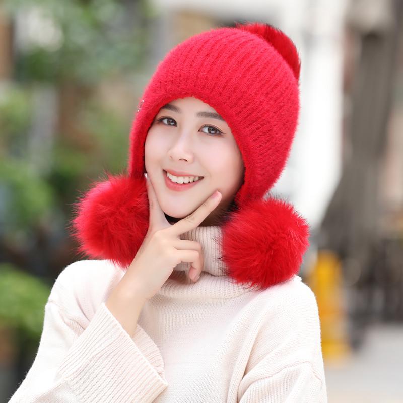 Neue Hohe Qualität Warme Mütze Frauen Kaninchen Fell Winter Hut Weibliche Mode Fügen Pelz Gefüttert Pompons Gestrickte Hut