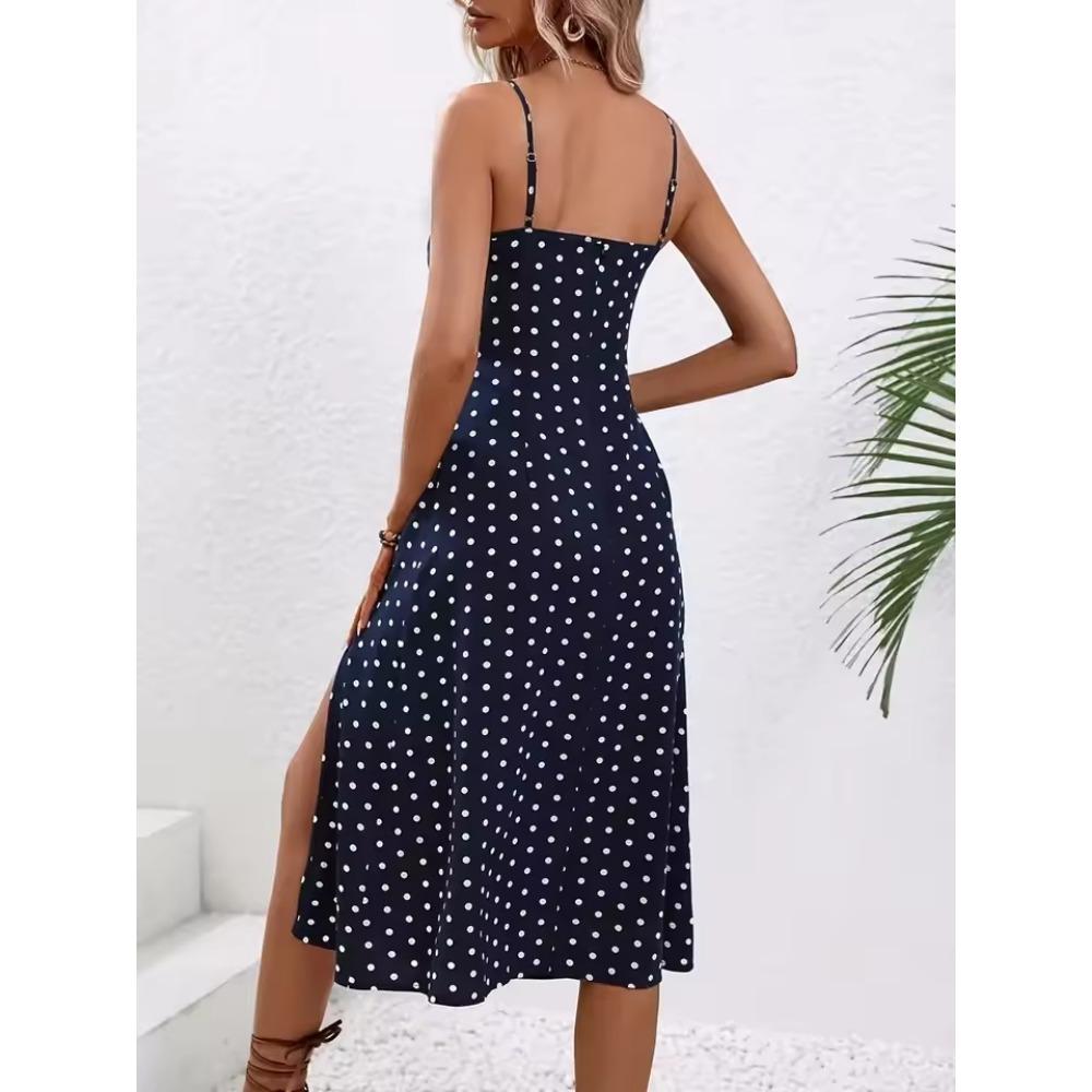 2025 Estate Sexy Spaghetti Straps Dress Donna Moda Polka Dot Stampa Senza Maniche Slit Dress Boho Casual Beach Midi Abiti