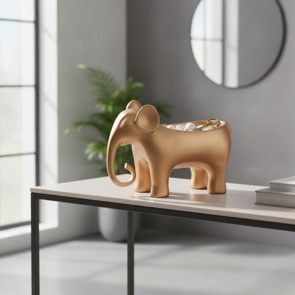 Elephant Storage Container Shiny Figurine with Decorative Catchall Tray for