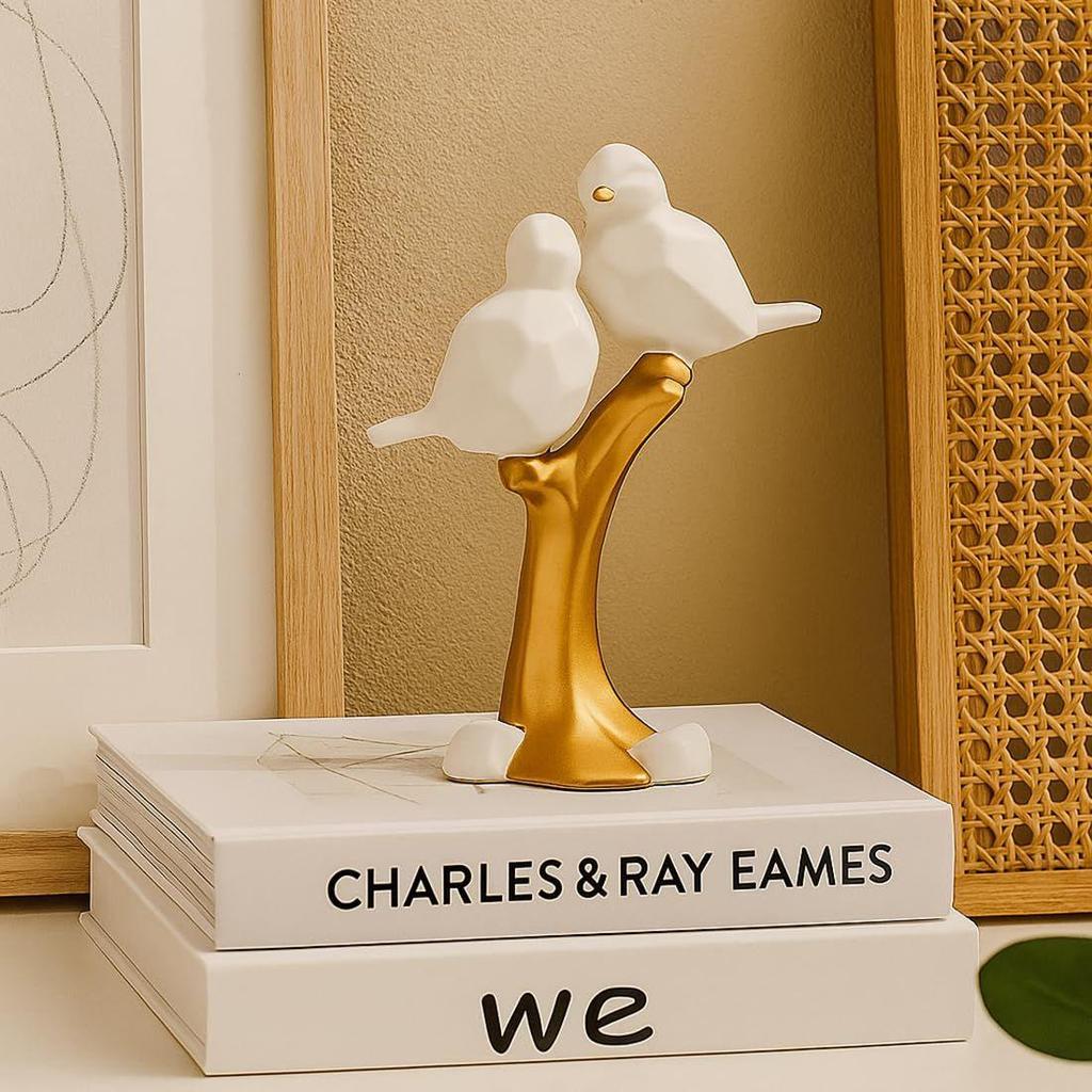 Ceramic Couple Birds Statue for Home Decor - Aesthetic Showpiece - Decorative Sculpture for Home Decor & Office Decor - 18x3x22 CM, White and Gold