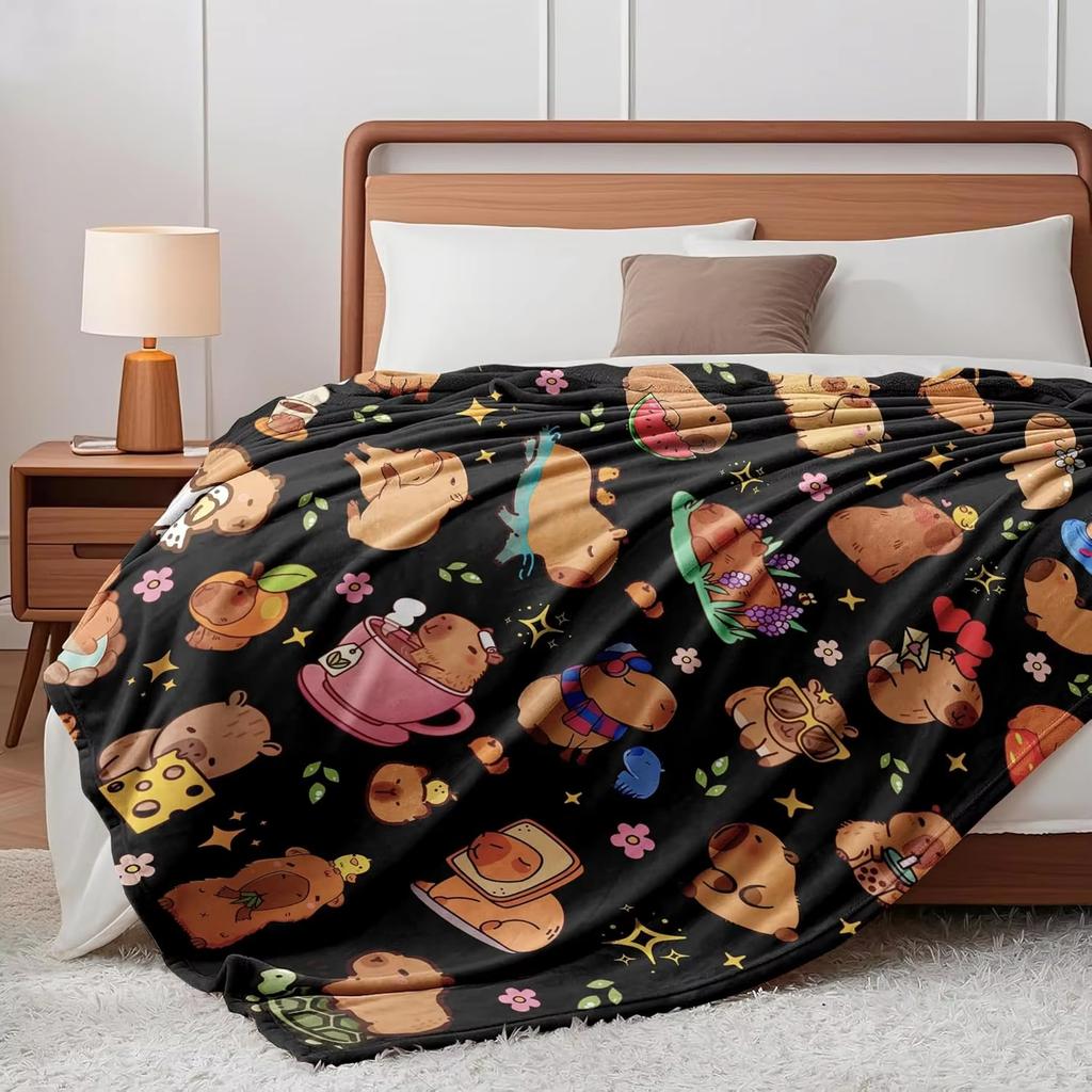 Capybara Blanket Gifts Warm Flannel Capybara Themed Throw Blanket Black Cartoon Decor Bedding For Sofa Bed