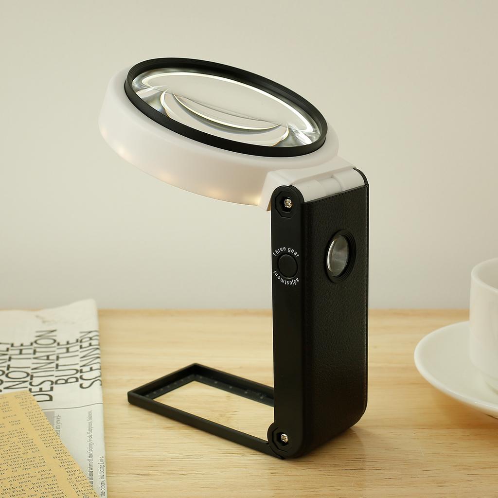 Magnifying Glass with Light and Stand 10X 25X Foldable Magnifier USB Handheld and Standing Illuminated Magnifier Reading