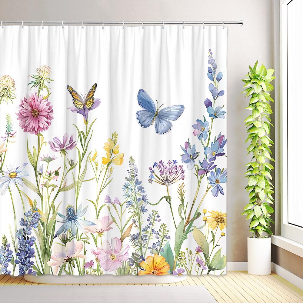 Purple Floral Shower Curtain Watercolor Flower Plants Leaves Butterfly Wildflower Bathroom Decor Fabric Bath Curtains with Hooks