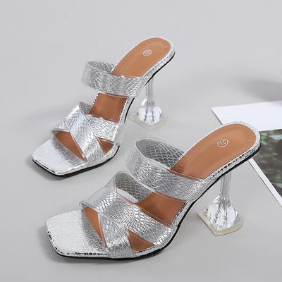 Silver Snake Print Womens Slippers Sandals Fashion Square Toe Transparent Strange Heels Mules Party Shoes Female