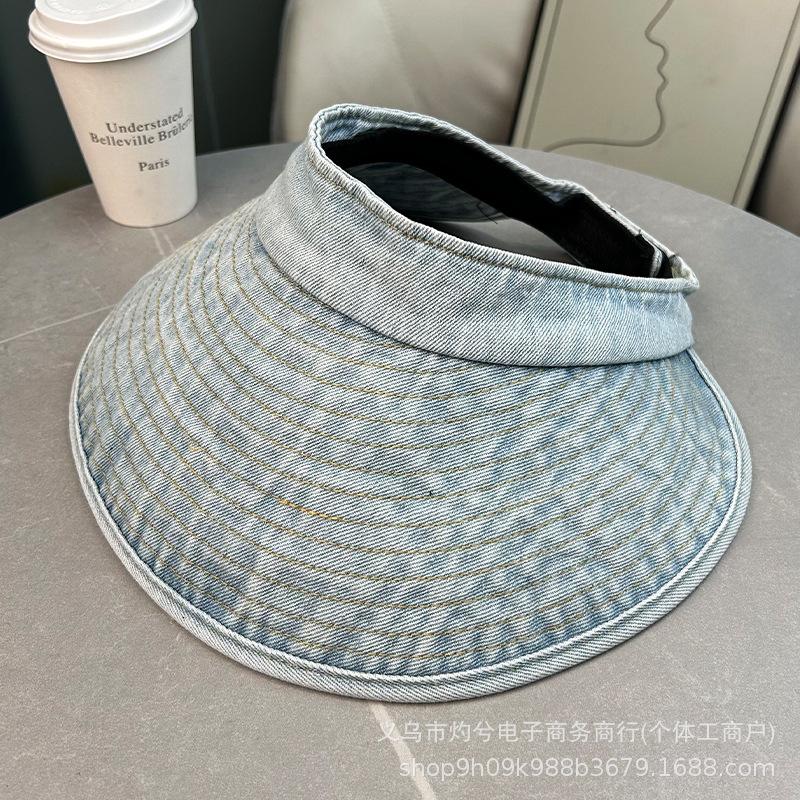 Retro simple washed denim empty top hat, large brim, sun protection, small face, versatile fisherman hat tide