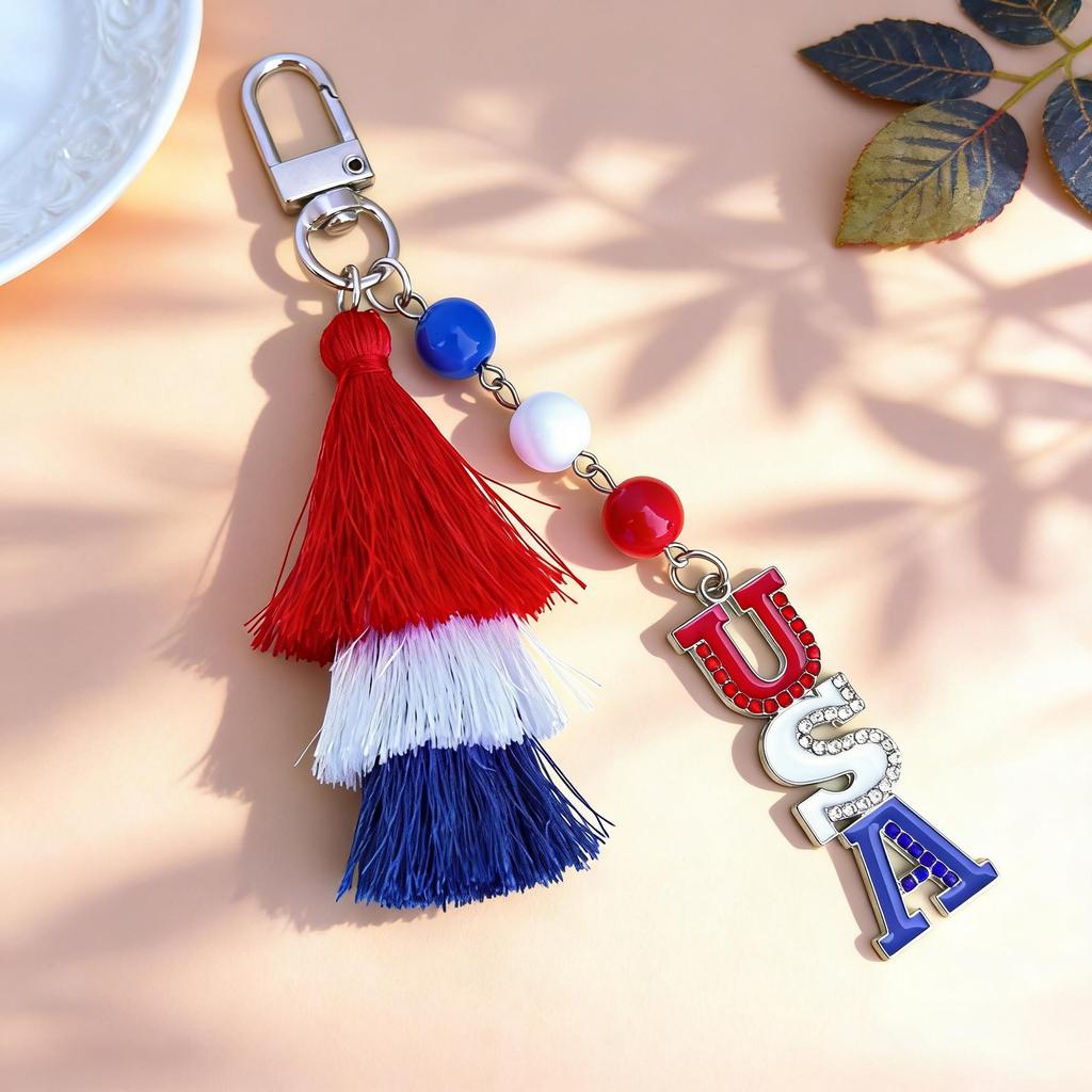 Independence Day Heart & Star Alloy Tassel Keychain Pendant