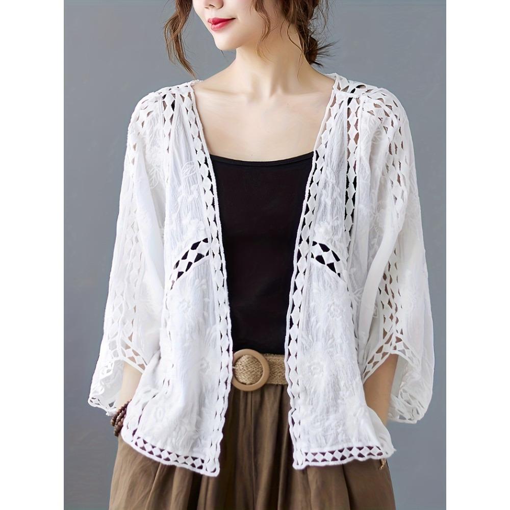 DX- MS64-Spring and Summer Cotton Embroidery Lace Cardigan Short Bat Sleeve Loose Shawl 7 Split Sleeve Air Conditioner Sunscreen Clothes Cover Female