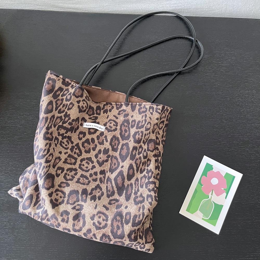 Vintage Faux Suede Women's Leopard Shoulder Bags PU Strap Double Side Female Purse Handbags Fall Winte Canvas Tote Underarm Bag