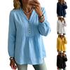 Women's V-Neck Lace Trim Long Sleeve Blouse Color Button Front Casual Shirt Top