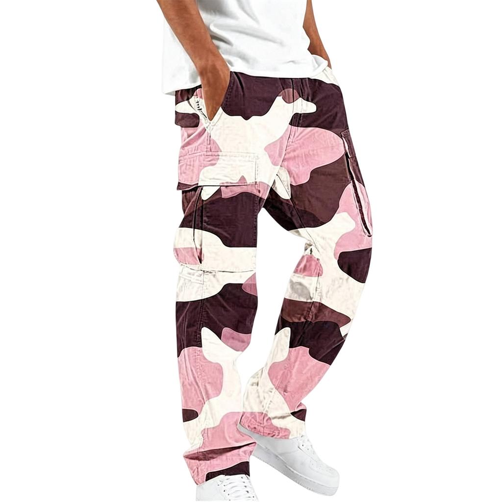 Men Drawstring Elastic Waist Cargo Pants Four Pockets Digital Print Loose Fit Long Trousers for Daily Outdoor Wear