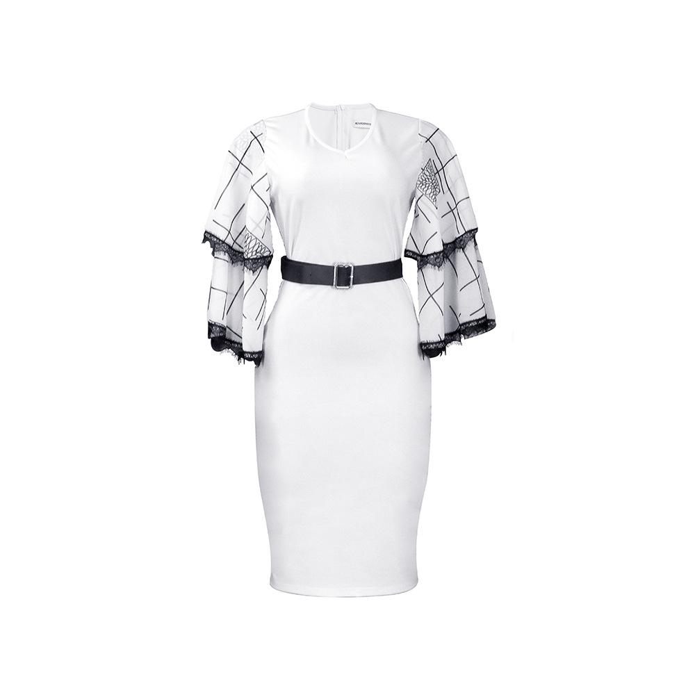 

Женское летнее модное платье большого размера с расклешенными рукавами, цельное платье-футляр с V-образным вырезом и поясом S белый