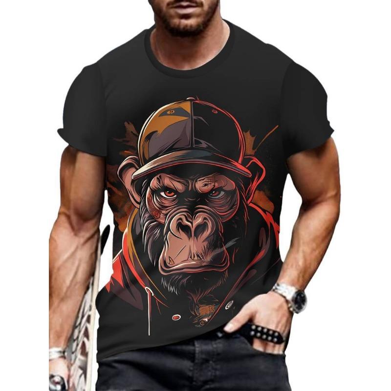 Summer Round Neck 3D Monkey Print Top Fashionable Casual Short Sleeved Men's T-shirts