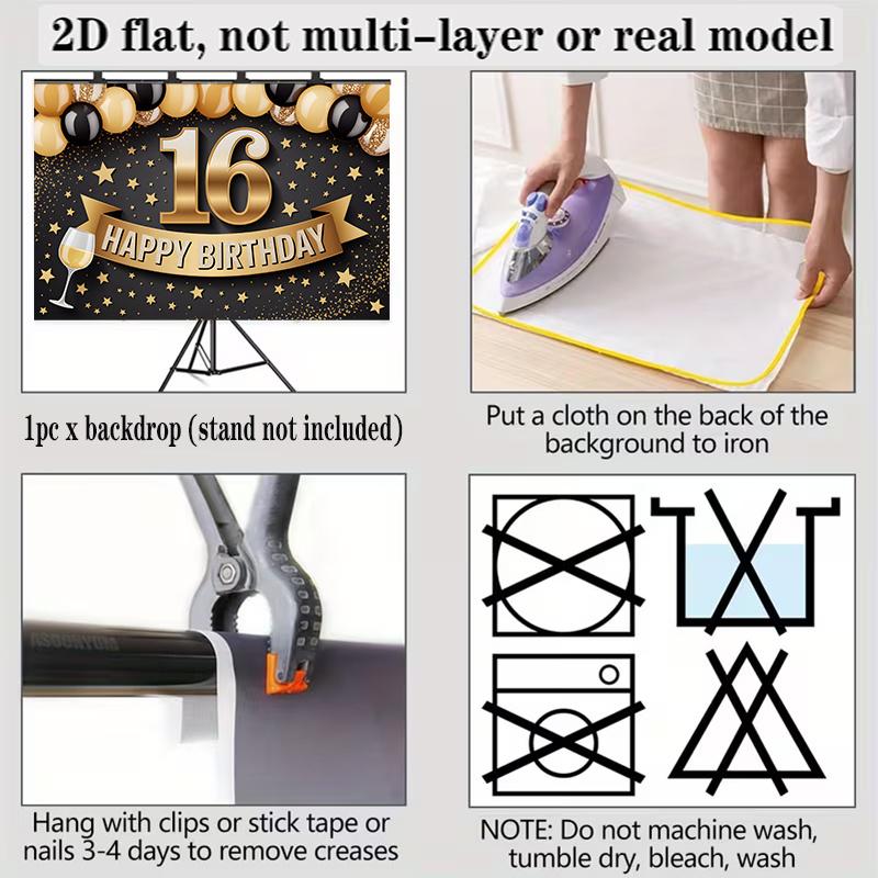 Golden 16th Birthday Banner, Balloons Photo Backdrop Wall Decor for Party