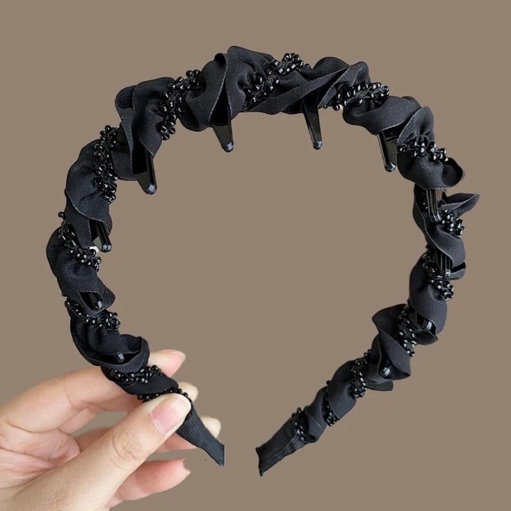 Women French Sparkling Pearl Wavy Headband, High Skull Top Toothed Hair Band, Non-slip External Wear Pressure-Reducing Hair Accessory