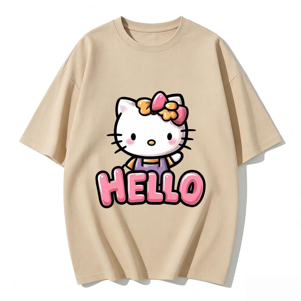 2026 Hello Kitty Cartoon Printed Short Sleeve Summer Cotton Tshirt Flower Womens Family Matching Outfits Tops Tee Highquality
