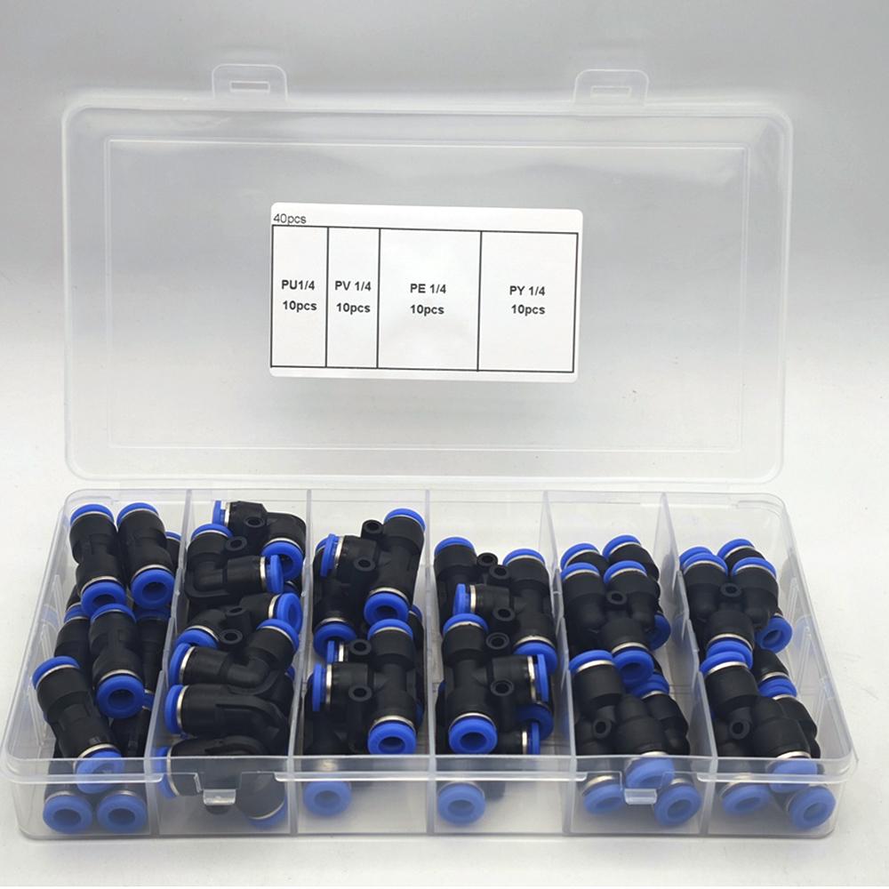 

40PCS 1/4 Inch od Quick Release Push to Connect Fittings Pneumatic Fittings Kit 10 Spliters+10 Elbows+10 tee+10 Straight 40pcs