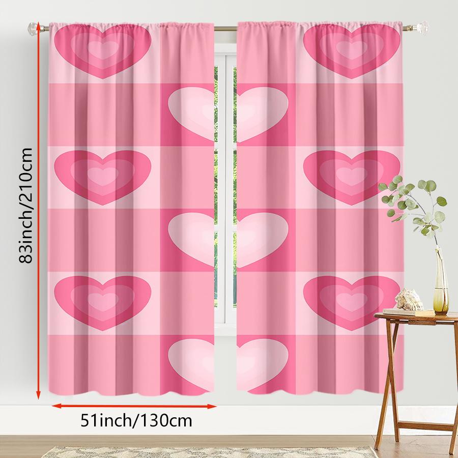 2PCS Pink Gradient Love Grid Curtains, Soft and Sweet Style, Living Room and Bedroom, Drawbar Pocket Decoration