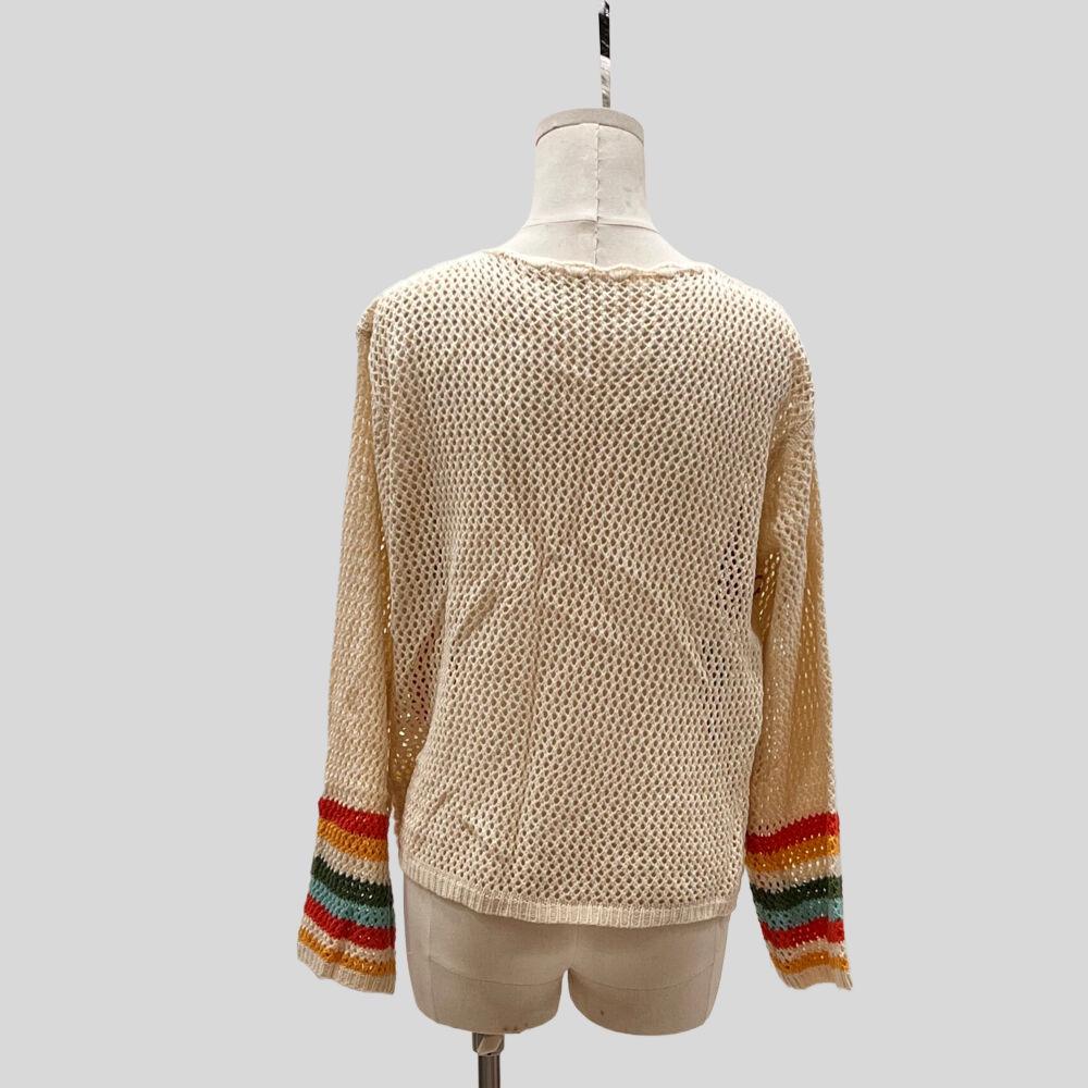 Ethnic Retro Crochet Rainbow Cardigan: Handmade Color Block Long Sleeve Knit Top