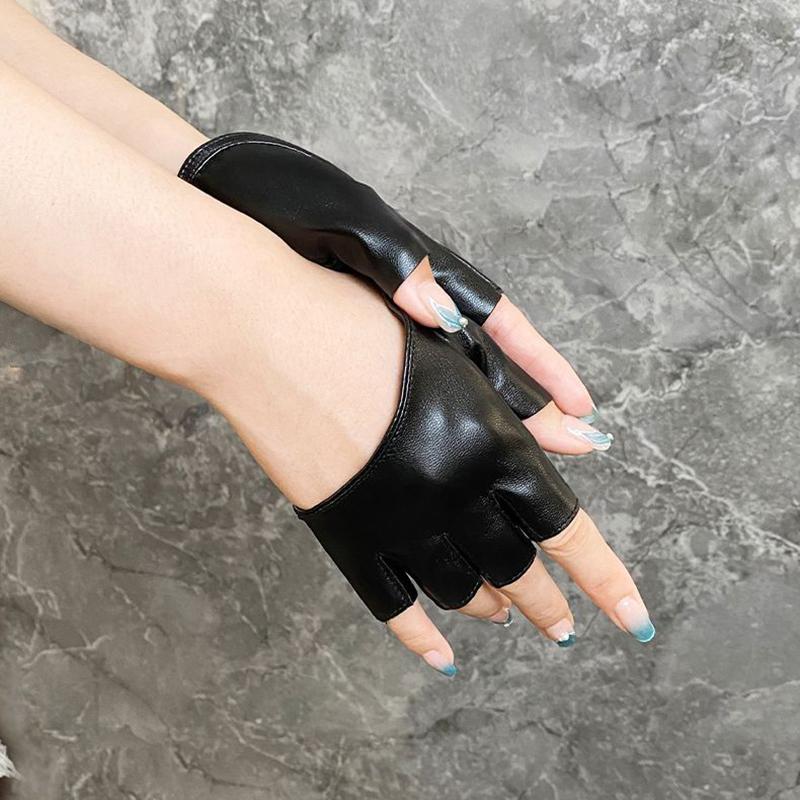 Black Pu Leather Half Finger Gloves Gothic Punk Rock Lolita Harajuku Stage Performance Cosplay Party Fingerless Women Gloves