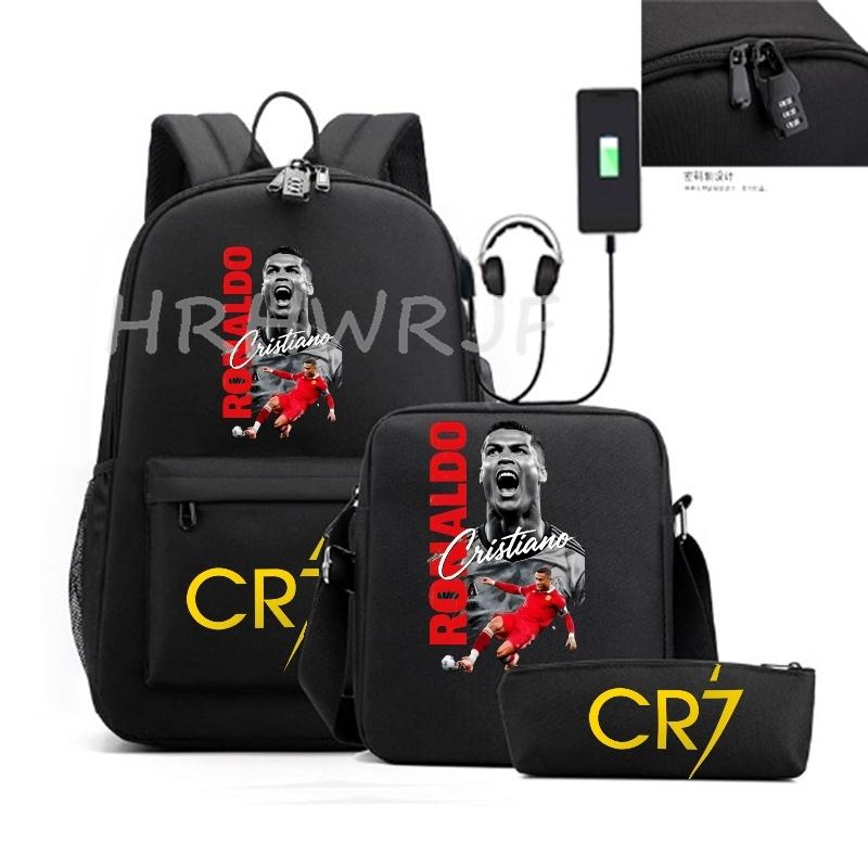Sports Casual CR7 Backpacks 3pcs Simple Lightweight Capacity Teens Laptop School Bags Women Men Travel USB An-ti Lock Mochilas