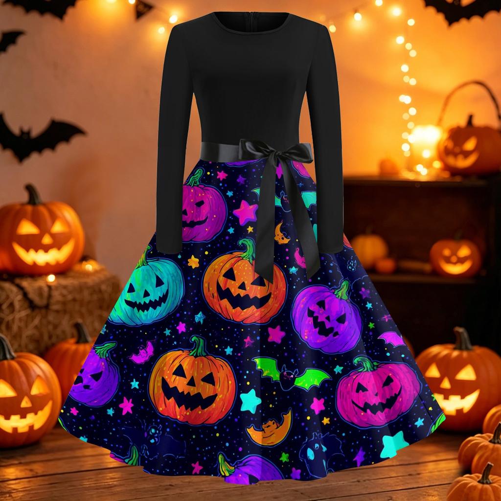 Women's Casual Long Sleeve Fit and Flare Dress Round Neck Halloween Print Full Skirt Midi Dress with Waist Tie Belt