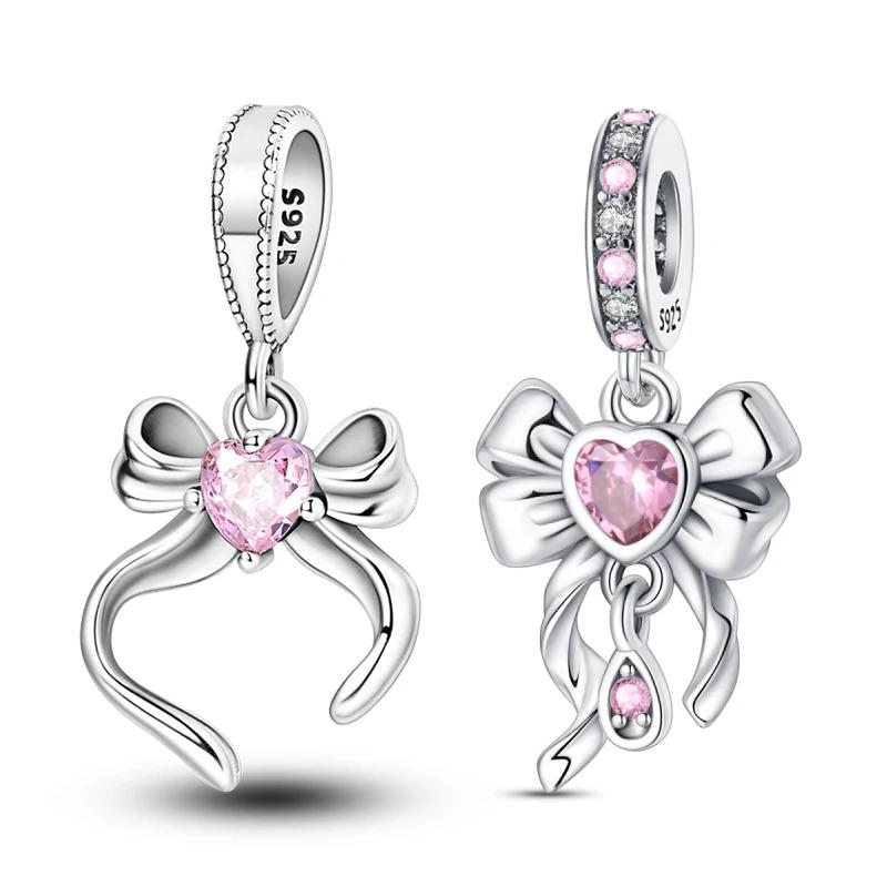 925 Silver Pink Bow Girl Heart Pendant Charms Fits 3mm 925 Original Bracelet Necklace Womens Fine DIY Jewelry Gifts 2025 New in