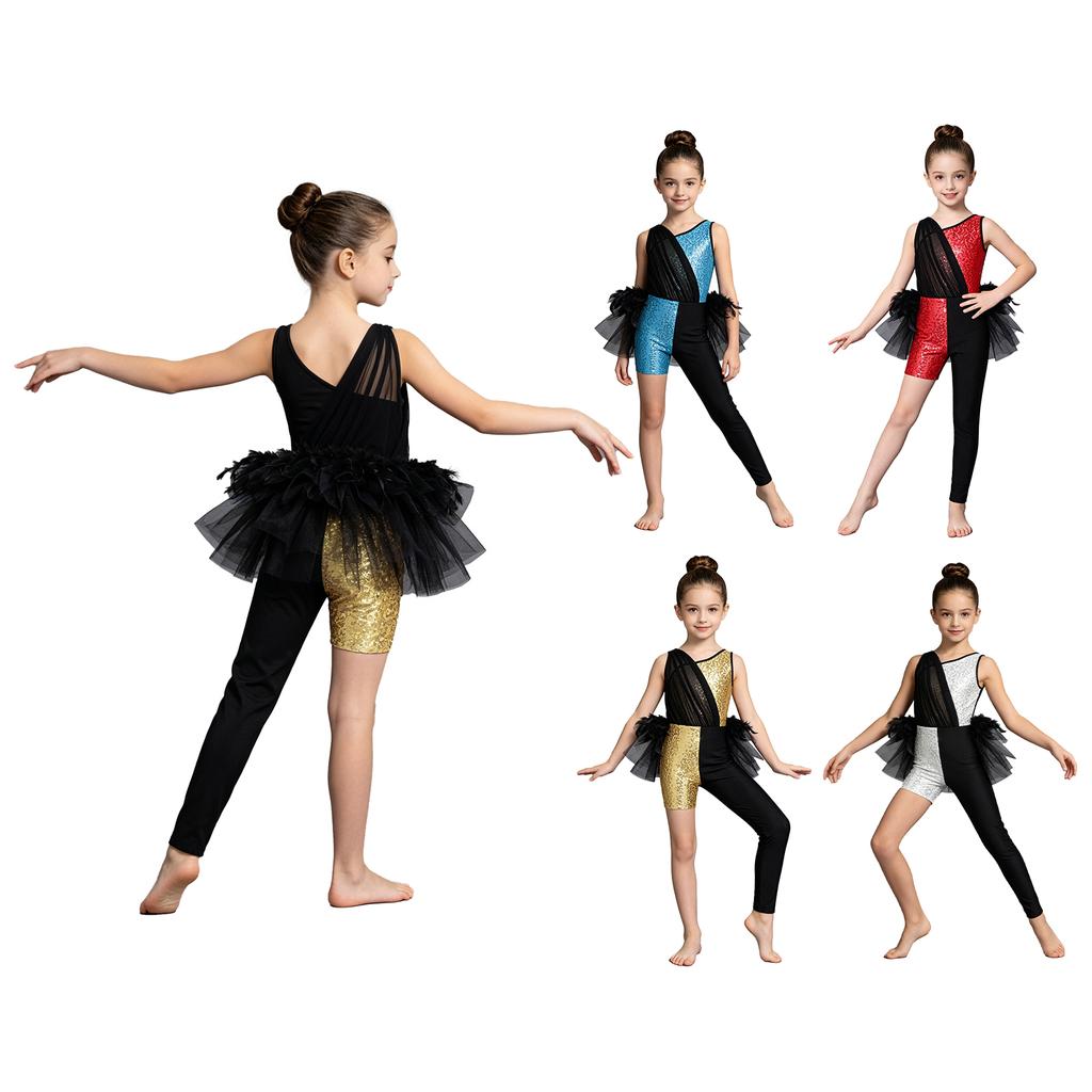 Girls Sparkling Sequins Asymmetrical Color Block Dance Jumpsuit Leotard with Feather Tulle Skirt Bodysuit for Performance Competition
