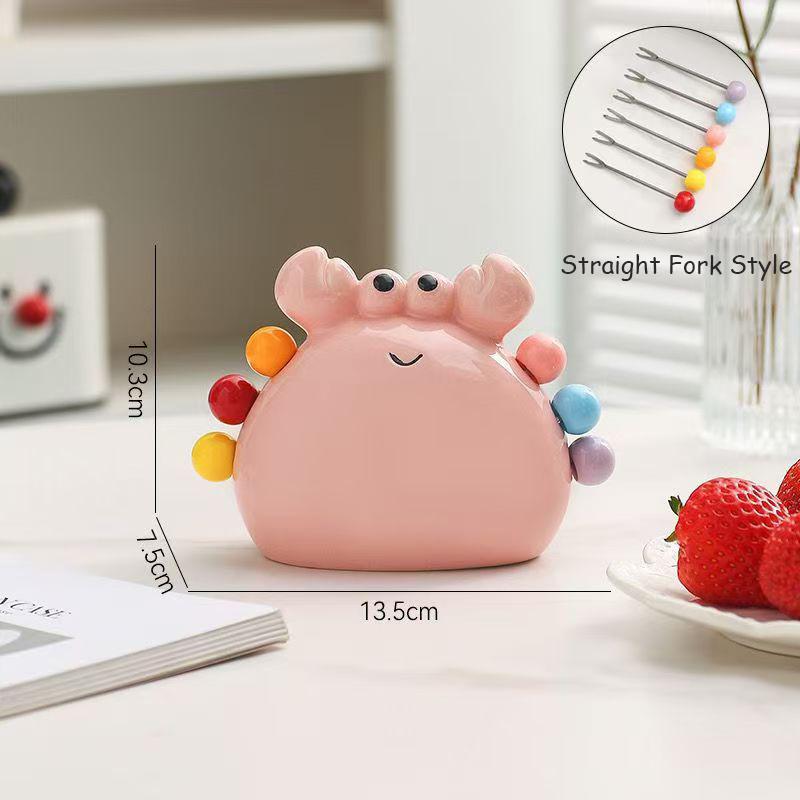 Crab Fruit Fork Set With Ceramic Holder - Stainless Steel Dessert Forks & Cute Storage Jar Kit
