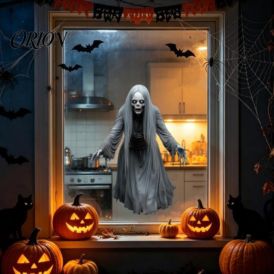 Weather Resistant Glass Ornaments Halloween Ghost Skeleton Grim Reaper Static Window Clings, Horror Break Through Spooky Theme Decals Decals,