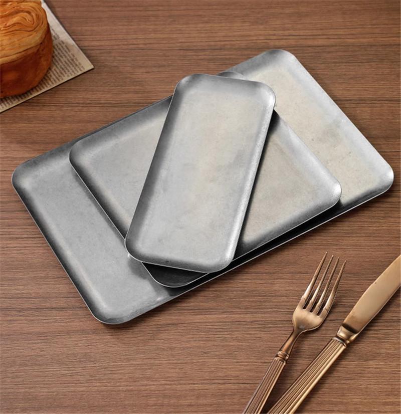 Retro klassische 304 edelstahl rechteckige platte kaffee shop tablett lagerung bbq geschirr teller und schüsseln essteller