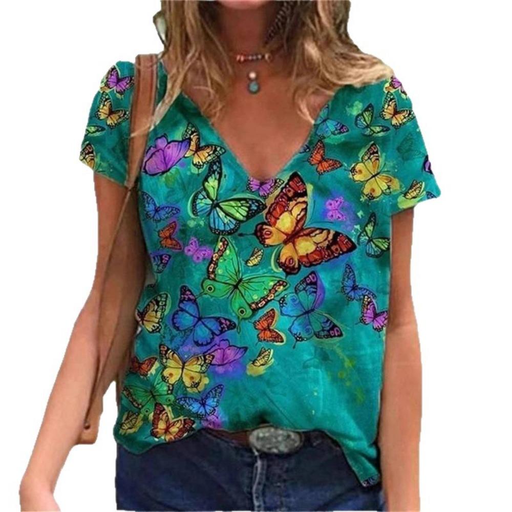 Summer Fashion 3D Floral Print Women's Loose V-neck Short Sleeved T-shirt