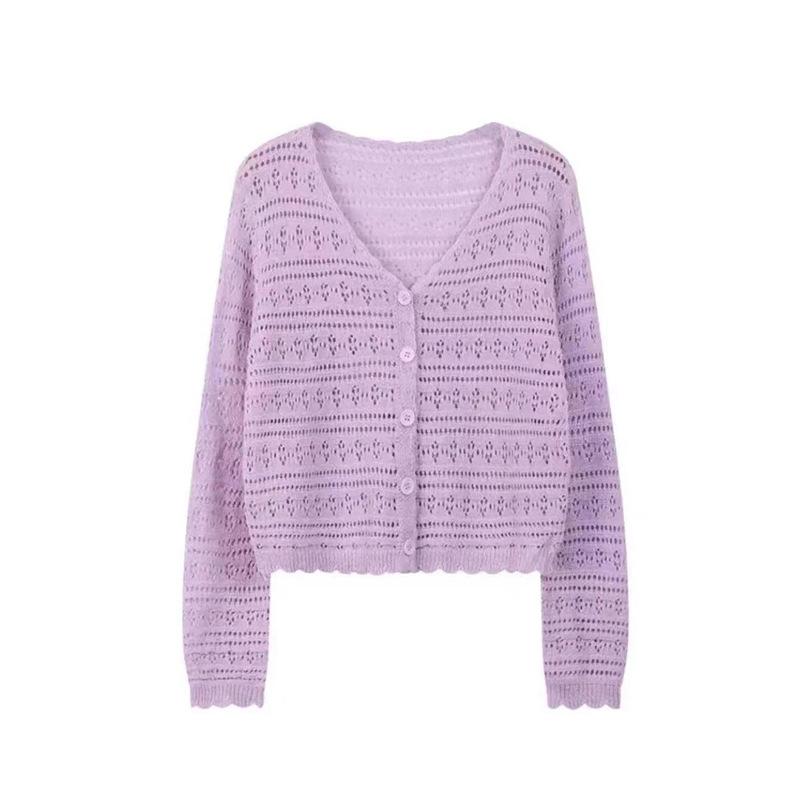 Women V Neck Hollow Diamond Crochet Knit Cardigan Single Breasted Thin Short Knitted Sun Protection Outerwear