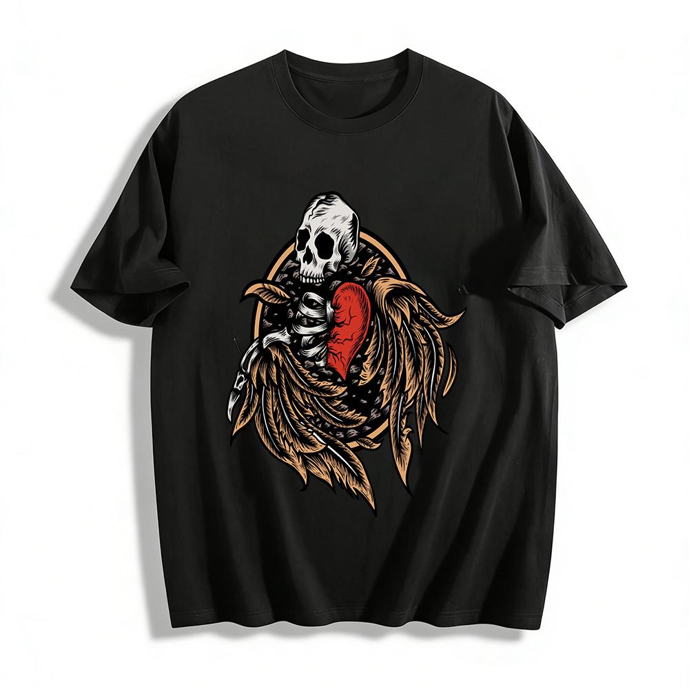 Dark Style Skeleton Wing Heart Print Trendy Casual Top Pure cotton T-shirt XXS