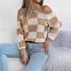 New Autumn and Winter Casual Off-the-shoulder, Color-blocking Checkered Lantern Long-sleeved Sweater Women's Wear