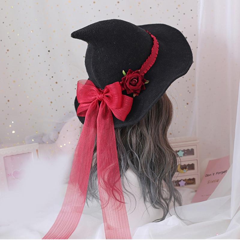 Lolita Modern Rose Big Bow Witch Hat Big Brim Cap Halloween Gifts for Head Ornam