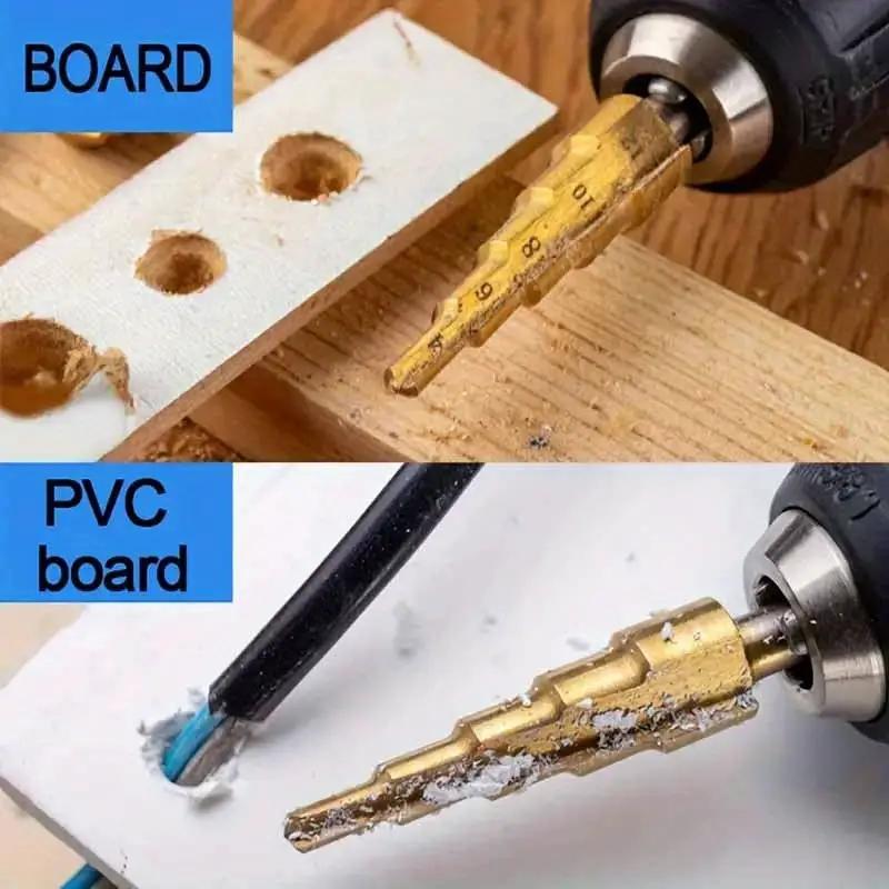 6pcs Titanium-Coated Step Drill Bit Set 4-12/4-20/4-32mm and 3/6/8mm Suitable for Glass Versatile Woodworking and Metal Drilling