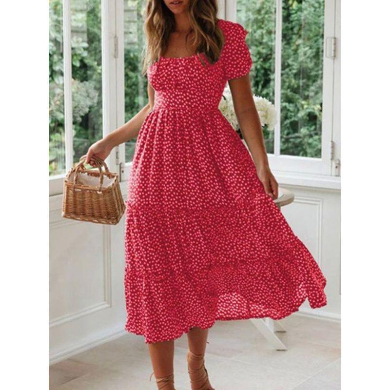 

Square Neck Bubble Sleeve Floral Dress Square Collar Puff Sleeve Floral Dress RED XL(XL)