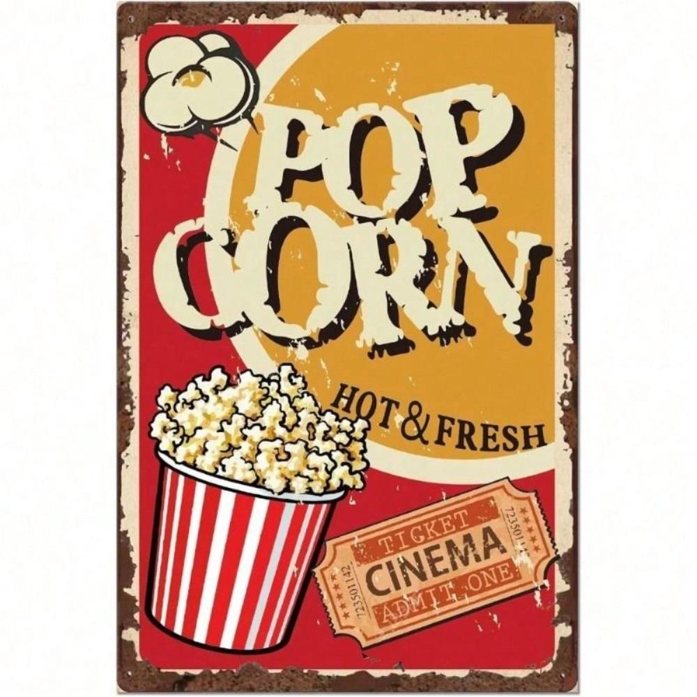Retro Metal Wall Art Popcorn Cinema, Vintage Bar Decor