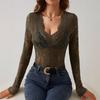 Spring Autumn Sexy Single Layer Floral Lace Fan Trim Base Layer Shirt Top Women Fashion Daily Basic Office Lady Casual Slim Fit Ladies Elegant Top