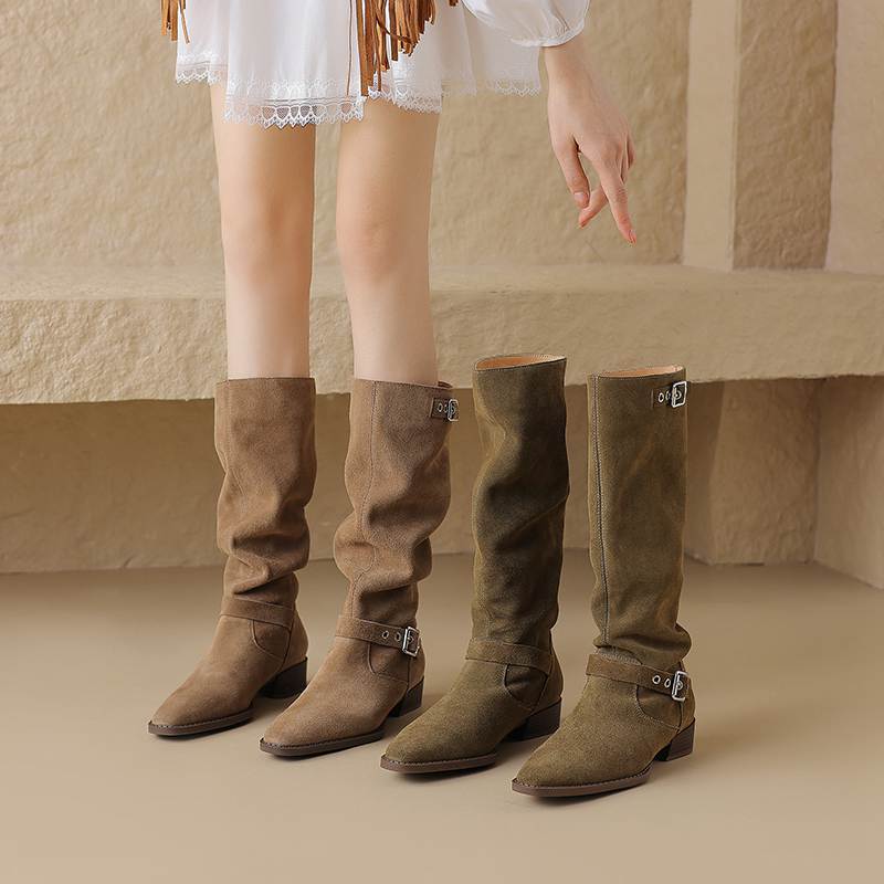 Krazing Pot Cow Suede Autumn Winter Shoes Round Toe Metal Buckle Big Size 42 Thick Med Heels Slip On Western Boots Women Knee Boots