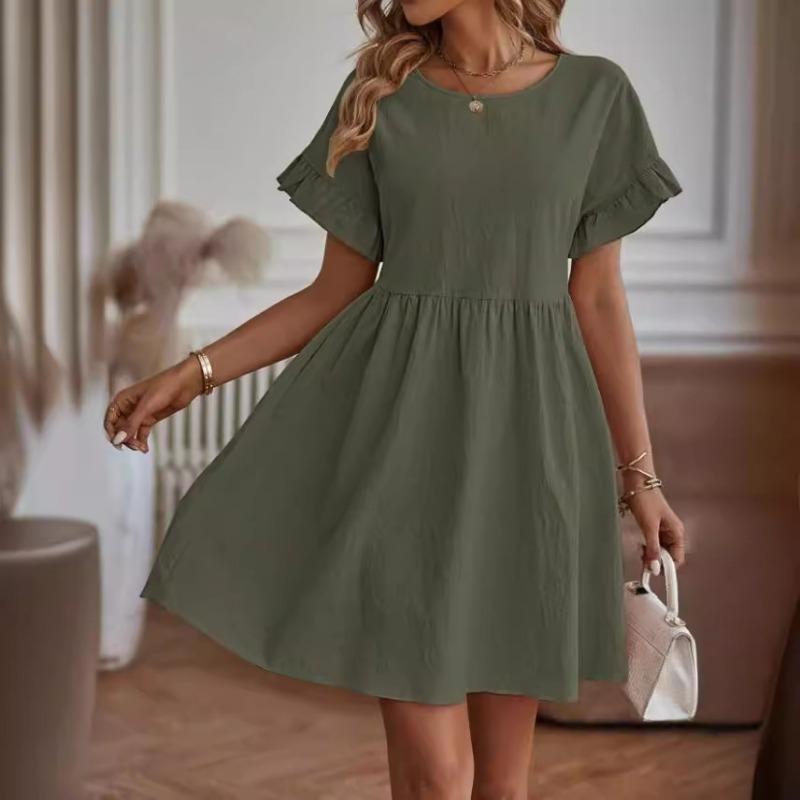 Summer Short Sleeve Women Dress Casual Elegant Round Neck Loose Vintage Dress for Women Fashion Ruffled A Line Lady Dresses 24177