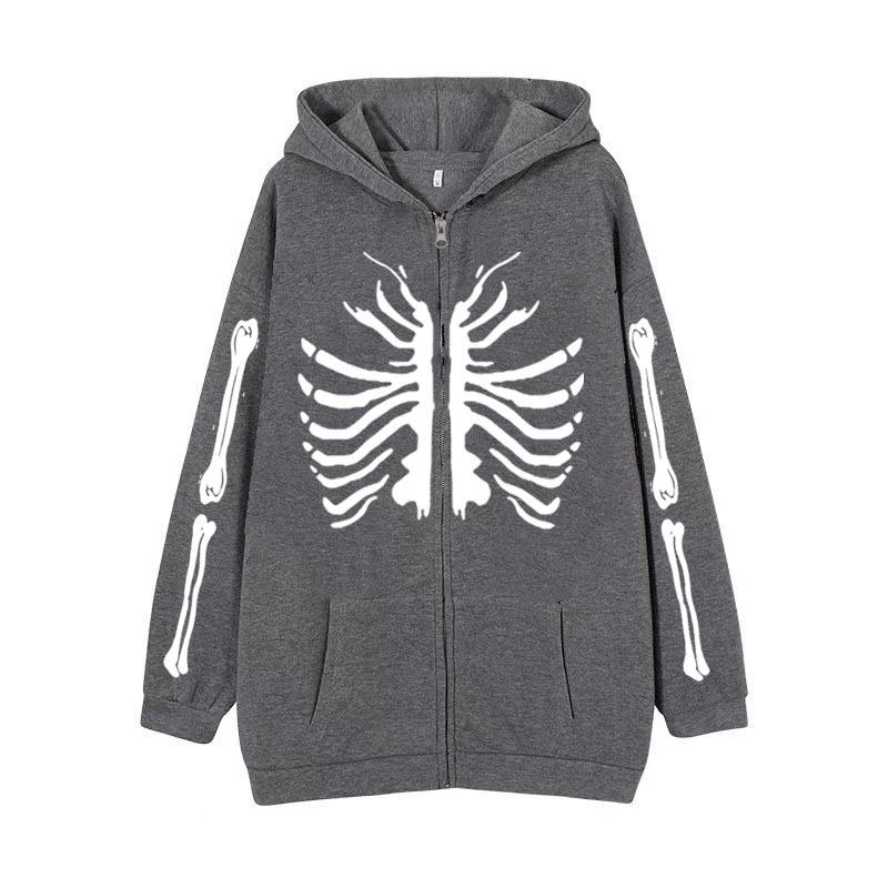 2022 Cross-border Gothic Zipper Sweater Skull Skeleton Printed Cardigan Jacket European and American Street Tide Large Size Hoodie