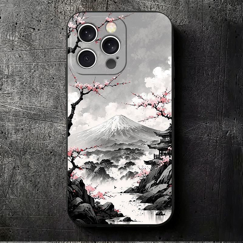 Japanese Pink Cherry Mount Fuji Soft Phone Case for iPhone 16 16E 17 Air 15 Pro Max 14 Plus 13 Mini 11 12 7 Black Cover Back She