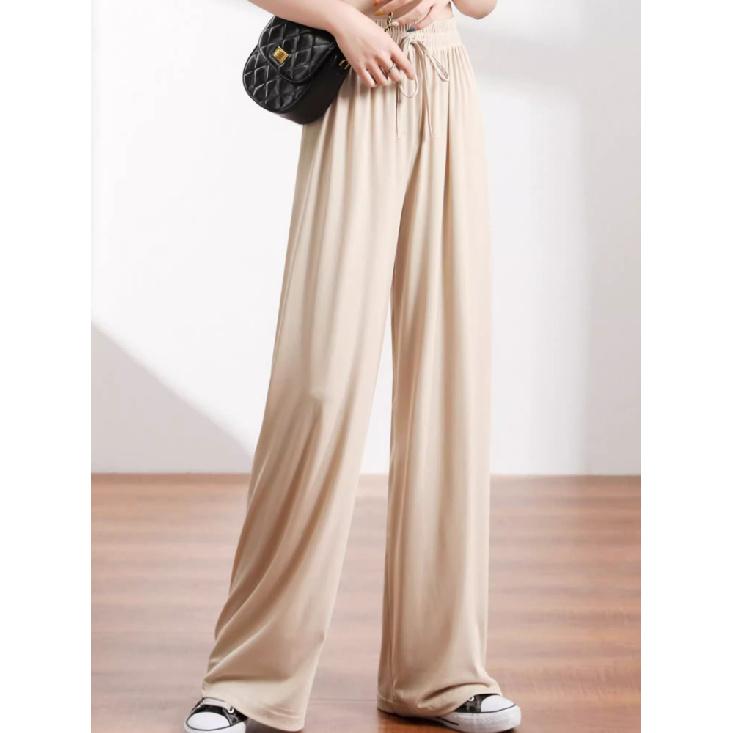 Slacks Women'S Loose Summer Pants Soft Ice Silk Ankle-Length Black Wide Leg Pants Grey Khaki Women High Waisted Trousers