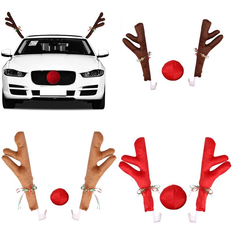 Festive Christmas Car Decoration With Reindeer Antlers Red Nose Bells
