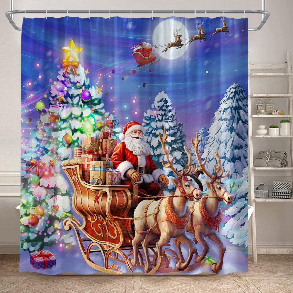 Winter Christmas Shower Curtains Funny Santa Claus Reindeer Snowman Red Xmas Balls Snow Home Bathroom Curtain Decor With Hooks