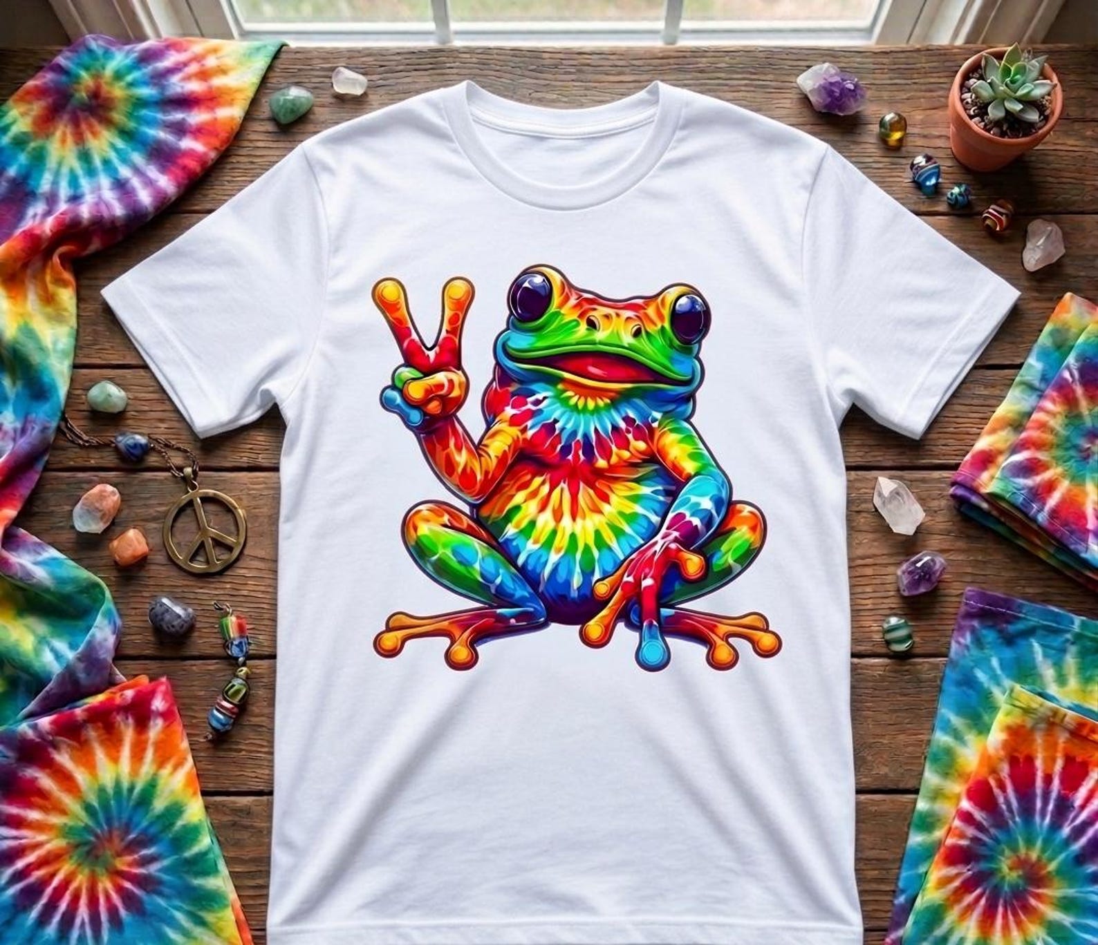 Tie Dye Frog Peace Sign Shirt, Hippie Frog Tee, Funny Frog Lover T-Shirt, Colorful Psychedelic Animal, Cute Frog Peace M
