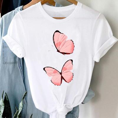 (Rozmiar azjatycki) Damski T-shirt z nadrukiem Lady Top Motyl Trend Słodki Styl Urocza Odzież Casual Krótki Rękaw Modny T-shirt Damski T-shirt z Grafiką